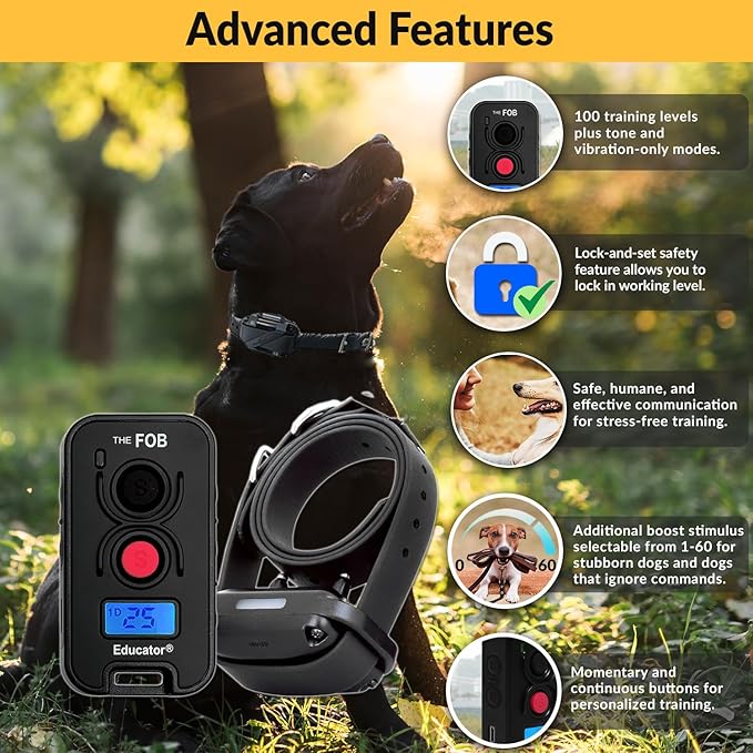 Educator FOB 300 Yard Dog Training Collar with Remote – Humane Stimulation & Pavlovian Tone – Waterproof, Rechargeable, Biothane Collar, Night Light – 1 Dog – Black