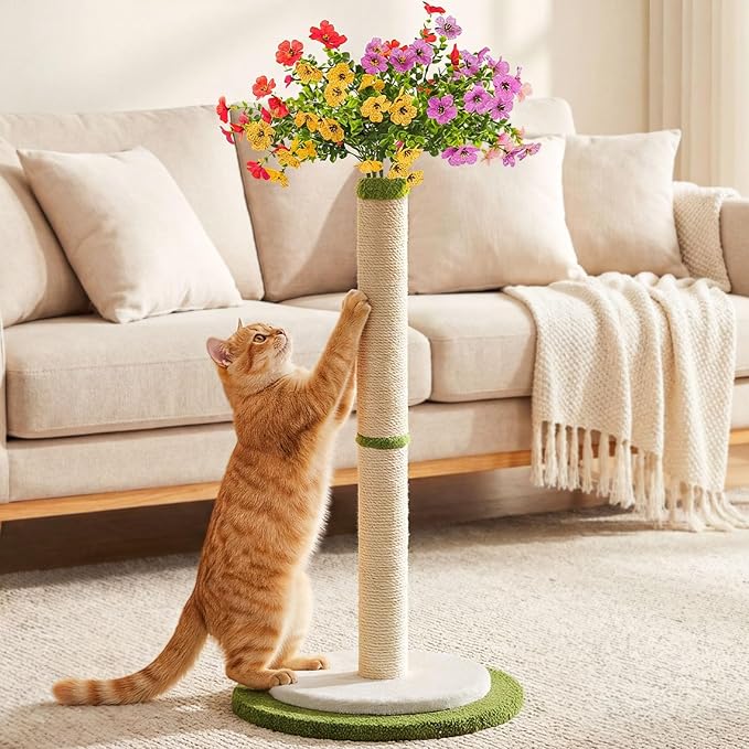 CWV 45" Tall Cat Scratching Post, Cute Violet Flower Cat Scratcher for Indoor Adult Cats & Kittens, Cat Tree Tower with Sturdy Base, Sisal Rope, Interactive Toys & Cat Gifts, Rascadores para Gatos