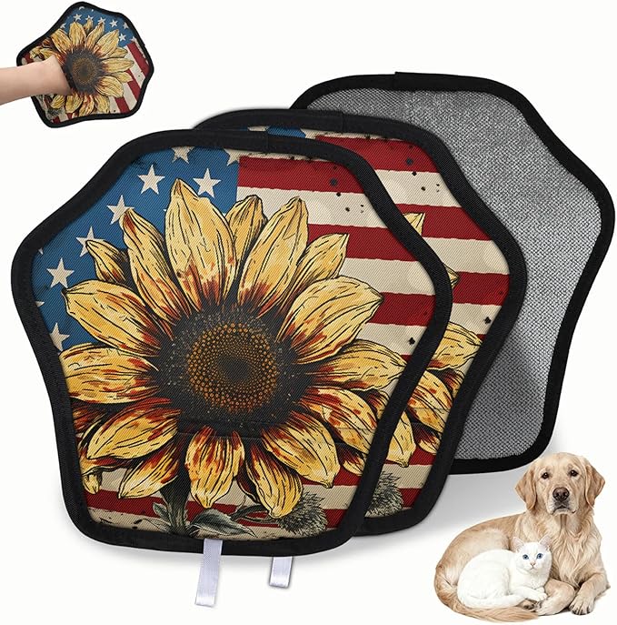 Stars Stripes Sunflower Electrostatic Pet Hair Removal Glove for Cats & Dogs - Reusable Grooming Mitt for Couch, Carpet, Car Seat & Laundry - Large 9x9 Inch