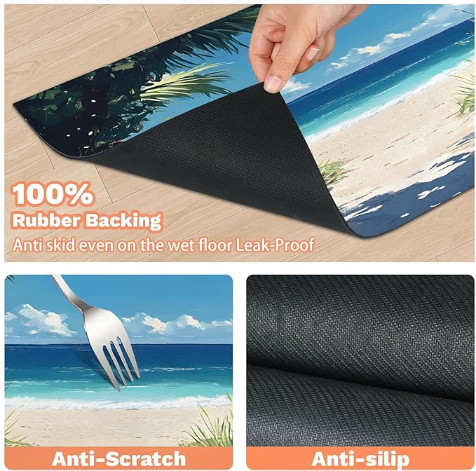 Ocean Beach Dog Food Mat for Floors Absorbent, Quick Dry Water Dispenser Mat for Food, Water, Pet Supplies 24" x 32", Tropical Seaside
