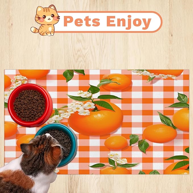 Orange Fruit Dog Food Mat for Floors Absorbent Dog Bowl Mat for Food and Water Dispenser Quick Dry Cat Food Placemat Pet Supplies 24" x 32", Buffalo Check