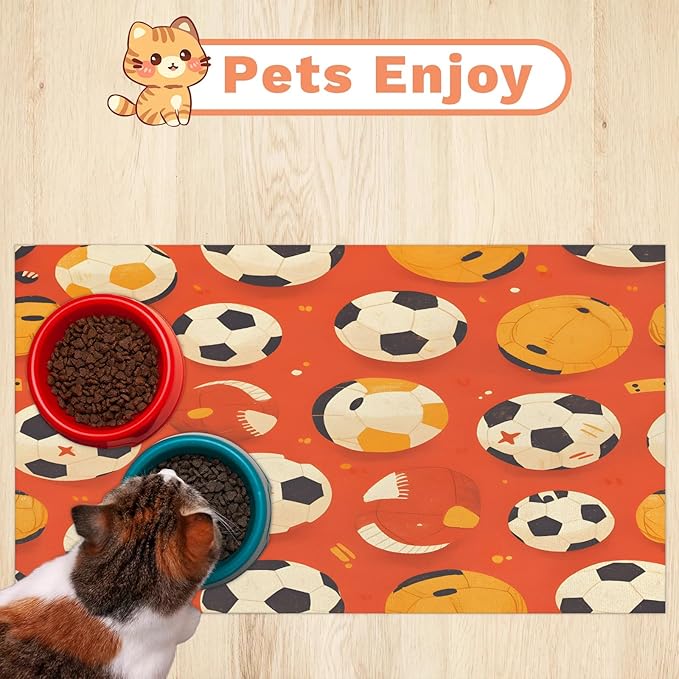 Football Dog Food Mat for Floors Absorbent, Quick Dry Water Dispenser Mat for Food, Water, Pet Supplies 12" x 20", Soccer Ball