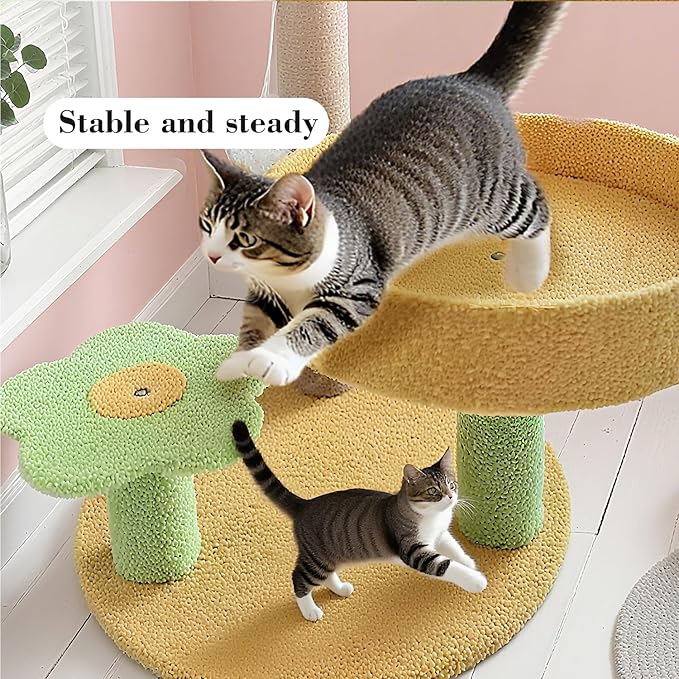 Cactus Cat Scratching Posts Cats Scratcher H 27.16" with Premium Sisal Rope 13.78" Bed, Flower Shaped Platform and Dangling Balls, Scratcher Vertical Green Cats Tree Suitable for Indoor Kitten