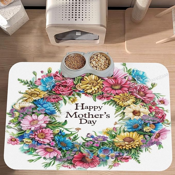 Pet Feeding Mats with Residue Collection Happy Mother's Day Floral Gift for Mom Ca Waterproof Dog Cat Bowl Mat 24x16In with Prevent Water Food Spills
