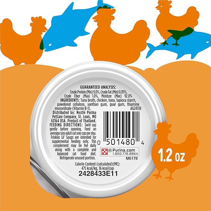 Friskies Purina Natural,Grain Free Wet Cat Food Lickable Cat Treats,Lil' Soups Flaked Chicken - 1.2 oz. Tubs,(Pack of 16)