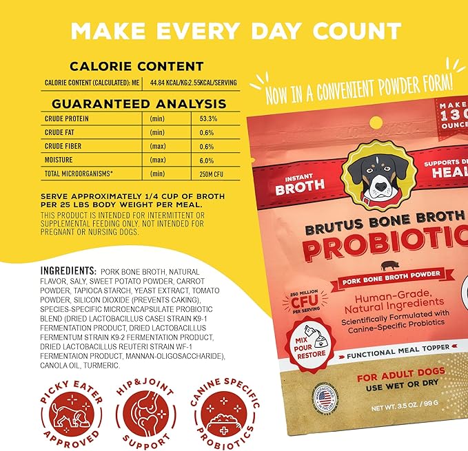 Brutus Broth Dog Food Topper - Bone Broth Powder with Probiotics for Dogs - Made with Natural Ingredients, Human-Grade Quality - Serve Dry or Wet - Pork Flavor - 3.5 oz Pack (Makes 130 oz with Water)