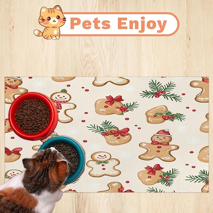 Gingerbread Man Dog Food Mat for Floors Absorbent, Quick Dry Water Dispenser Mat for Food, Water, Pet Supplies 16" x 24", Xmas Holly