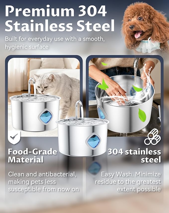 Dog Water Bowl, 3.2L Dog Water Fountain,Quad-Purification System and Continuous Circulating Water Flow,Stainless Steel Easy-to-Clean,Quiet Operation,Water Bowl for Dog Cat (Bowl+10Set Filter)