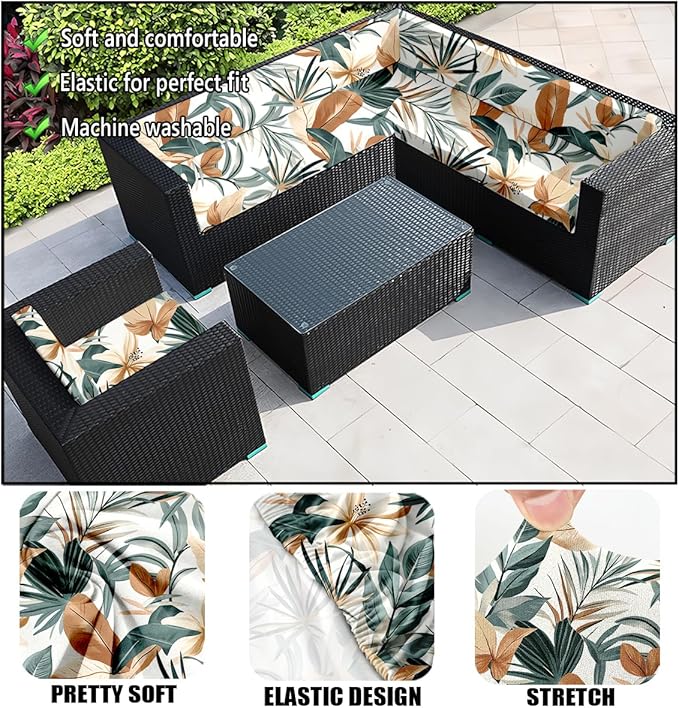 HANDONTIME 8Pcs Outdoor Patio Cushion Covers Modern Plants Stretch Couch Cushion Cover Patio Couch Slipcover for Outdoor/Indoor Washable Non-Slip Furniture Protector for Pet (Dark Green, Cover Only)