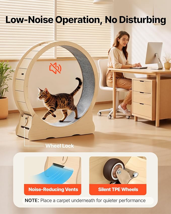 VEVOR Cat Exercise Wheel, 48 in Wooden Cat Running Wheel for Indoor Cats up to 28 lbs, Cats Treadmill with Carpeted Runway & Locking Mechanism, Quiet Roller Kitten Sport Toys for Pets Fitness & Health