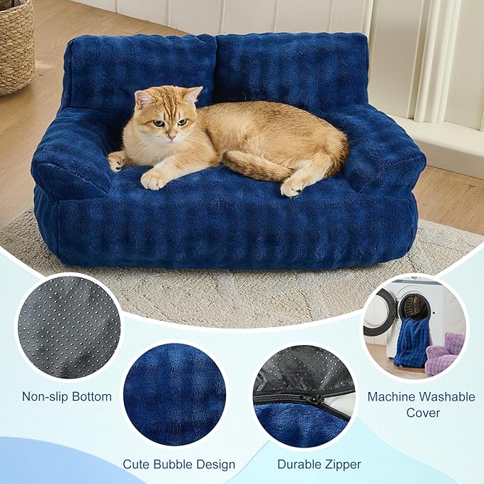 Cat Couch Bed, Cute Soft Pet Sofa for Indoor Cats Kittens Puppies with Removable Washable Cover, 26"x15", Navy Blue