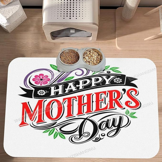 Dog Food Mats for Floors Absorbent Pet Cat Food Mat Happy Mother's Day Floral Gift Mom Bk Non Slip Dogs Bowl Mats for Water Dog Placemats Feeding Mat Pet Supplies 24x16In