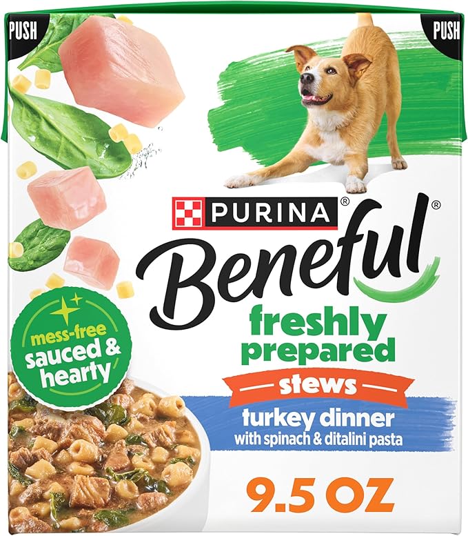 Purina Beneful Freshly Prepared Stews Turkey Dinner with Spinach and Ditalini Pasta Wet Dog Food in Dog Food Gravy - 9.5 oz Carton (Pack of 6)