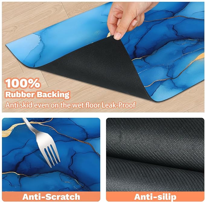 Navy Blue Marble Dog Food Mat for Floors Absorbent, Quick Dry Water Dispenser Mat for Food, Water, Pet Supplies 12" x 20", Marble