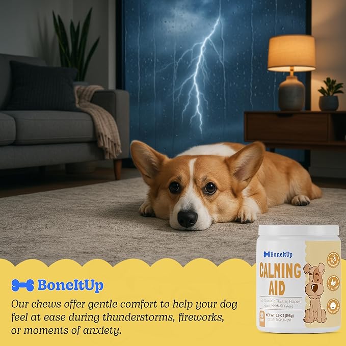 BoneItUp Pet Calming Chews for Dogs - Helps with Separation, Anxiousness, Thunderstorms & More - Natural Dog Calming Treats with Chamomile, L-Tryptophan & Melatonin for Balanced Mood & Sleep (90 Ct)