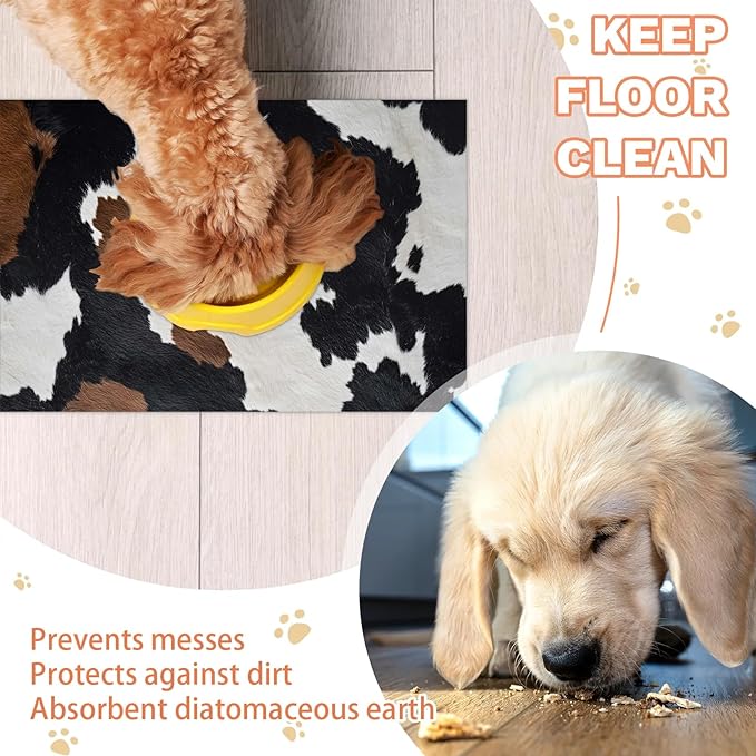 Milk Cow Print Dog Food Mat for Floors Absorbent Dog Bowl Mat for Food and Water Dispenser Quick Dry Cat Food Placemat Pet Supplies 24" x 32", Maroon White Fur