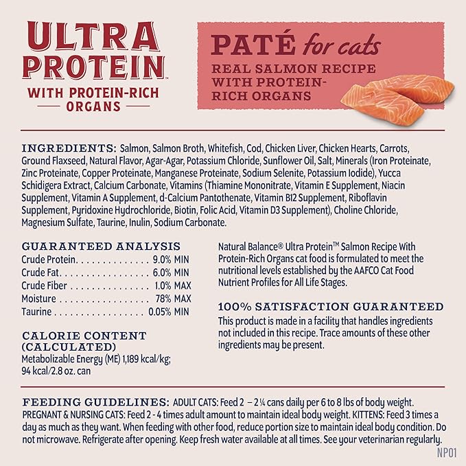 Natural Balance Ultra Protein Wet Cat Food Pate, Real Salmon Recipe with Protein-Rich Organs for Cats, Pate Cat Food with High Protein - 2.8 oz. (Pack of 24)