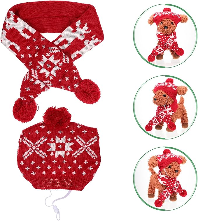 Pet Hat and Scarf Set for Dogs, Knitted Christmas Winter Warm Red Snowflake Reindeer Design, Large Size, Holiday Costume Supplies for Puppies and Small Dogs