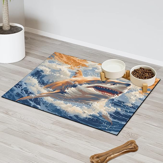 Ocean Shark Dog Food Mat for Floors Absorbent Dog Bowl Mat for Food and Water Dispenser Quick Dry Cat Food Placemat Pet Supplies 12" x 20", Coastal Nautical