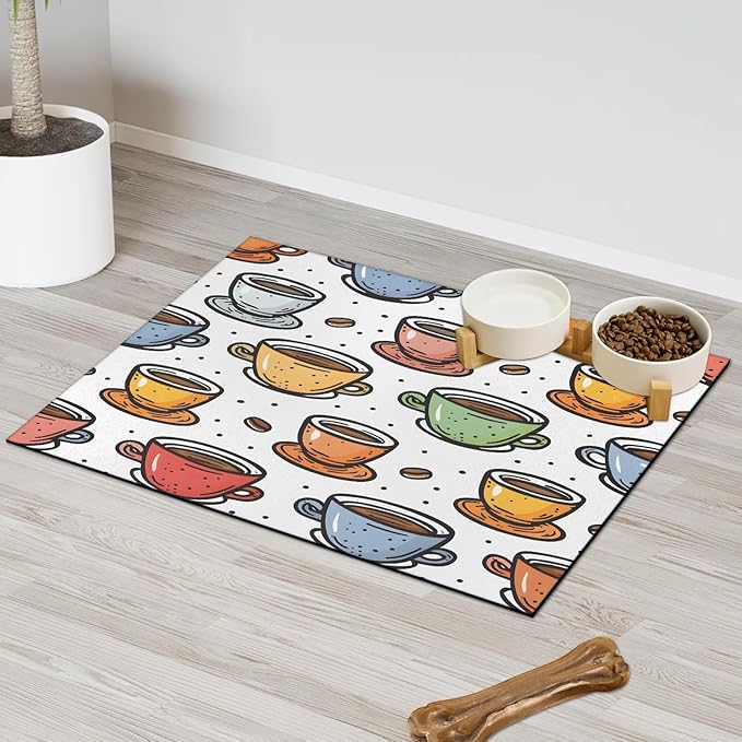 Coffee Cup Dog Food Mat for Floors Absorbent Dog Bowl Mat for Food and Water Dispenser Quick Dry Cat Food Placemat Pet Supplies 16" x 24", Colorful Cup
