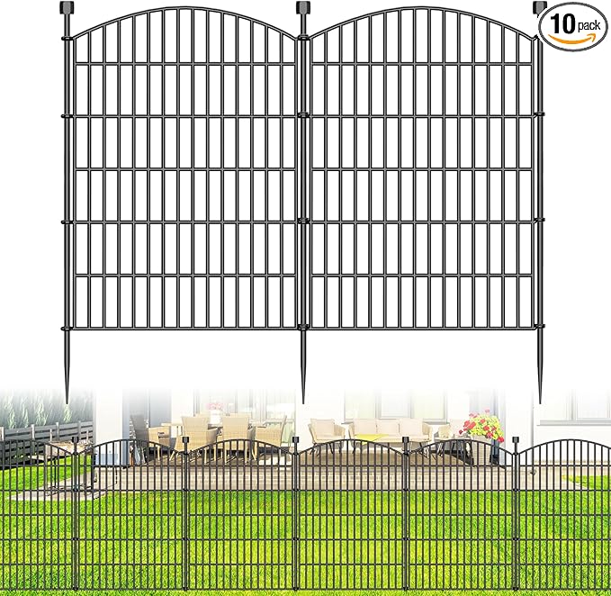 10 Panels No Dig Decorative Garden Fence - 40 in (H) x 23.6 ft (L), Dog Fence Outdoor for Yard，Rustproof Metal Animal Barrier Ground Stakes Fencing for Garden, Patio, Flower Bed