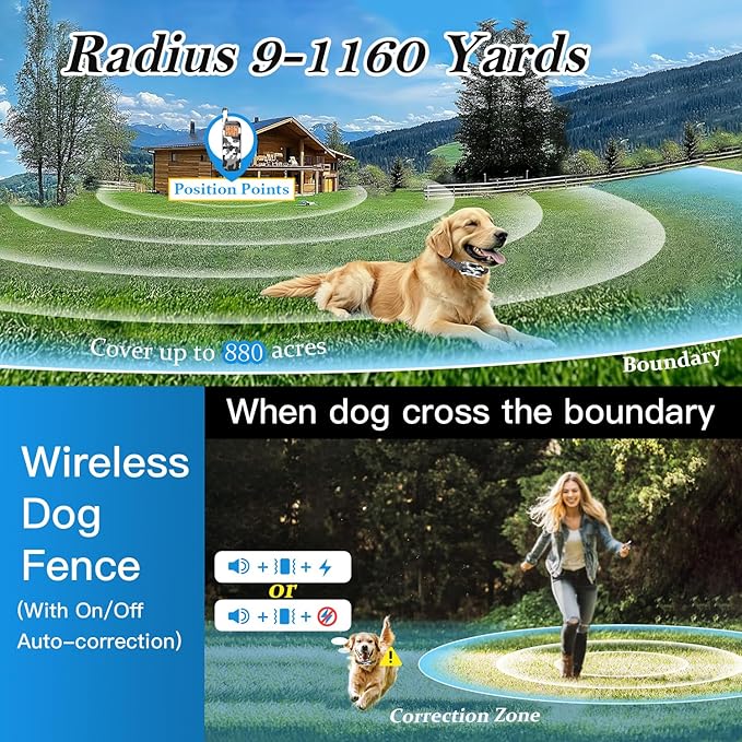 GT1-Wireless Dog Fence & Ultrasonic Training Collar - 1160-Yard Adjustable Boundary for Outdoor, 4 Modes (Beep/Vibration/Static/Ultrasonic), Waterproof, 185-Day Standby-1 Dog