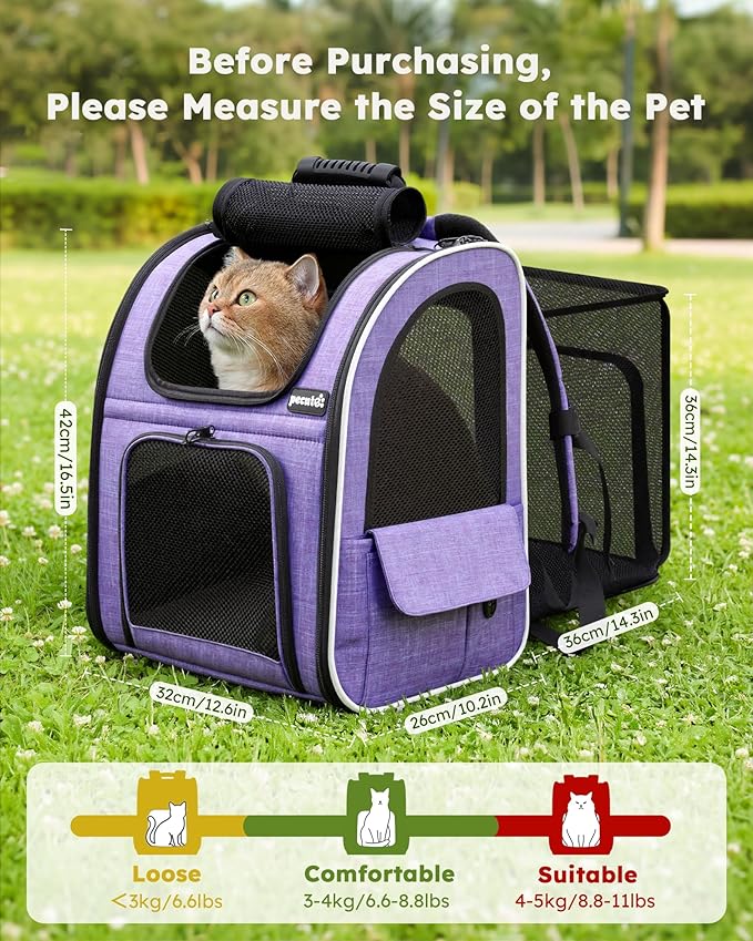 Pecute Cat Backpack Carrier Expandable, Pet Backpack for Cats & Small Dogs Up to 11lbs, with 4-Side Breathable Mesh, Multi-Entry & Lockable Zippers for Travel, Hiking, Camping - Hands Free, Purple