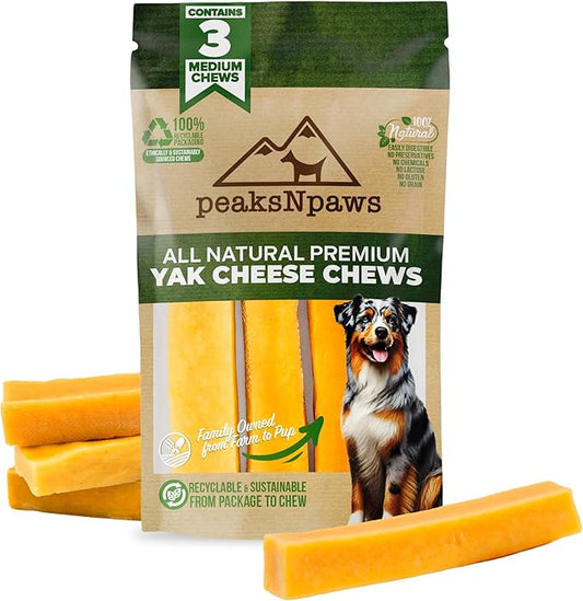 peaksNpaws Himalayan Yak Chews, High Protein Dog Treat for Aggressive Chewers, Natural, Long Lasting, Lactose Free Chew Stick for Pet Under 35 lbs, 3 Medium Treats, 100% Eco-Friendly Packaging
