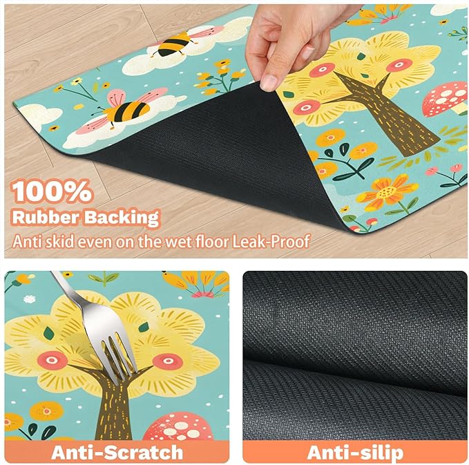 Tree Dog Food Mat for Floors Absorbent, Quick Dry Water Dispenser Mat for Food, Water, Pet Supplies 12" x 20", Mushroom Flower