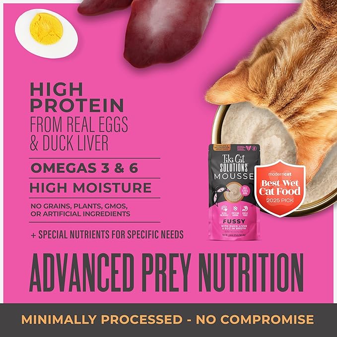 Tiki Cat Solutions Mousse Multipack Wet Cat Food, Fussy, Duck Liver & Egg, 2.4 oz. Pouch (12 Pack)