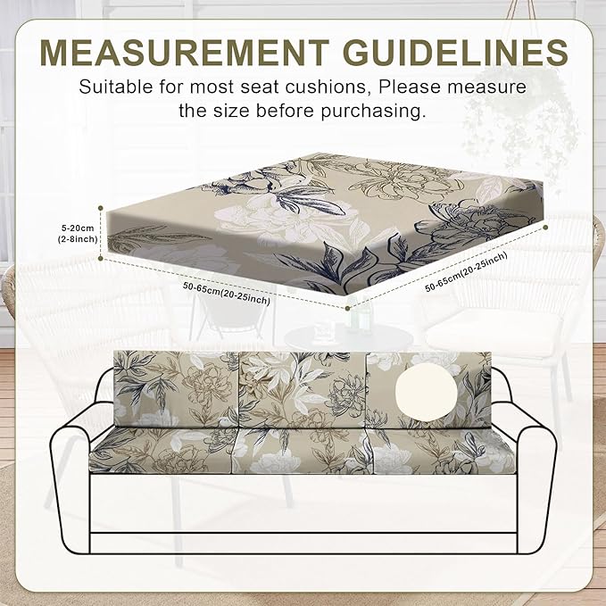 HANDONTIME 8Pcs Outdoor Cushion Covers Waterproof Vintage Patio Cushion Covers Stretch Outdoor Couch Cover Replacement Patio Furniture Cover for Pets Sofa Cover Washable (Khaki Floral,Cover Only)