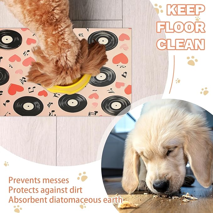 Music Records Dog Food Mat for Floors Absorbent Dog Bowl Mat for Food and Water Dispenser Quick Dry Cat Food Placemat Pet Supplies 17" x 30", Black Note