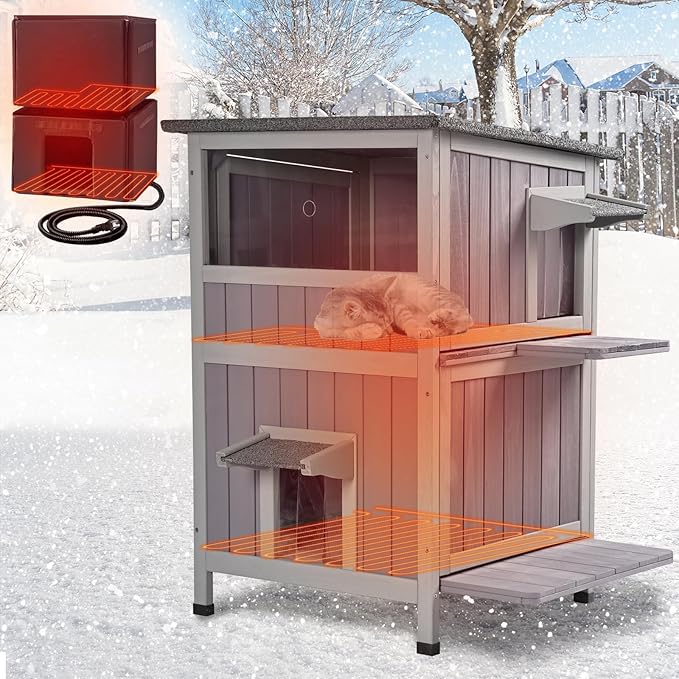 GUTINNEEN Heated Cat House for Outdoor Cats Kitty Shelter with Insulated Liner Keep Warm in Winter Indoor Cat Cage with Waterproof Roof,Heated Pad Include