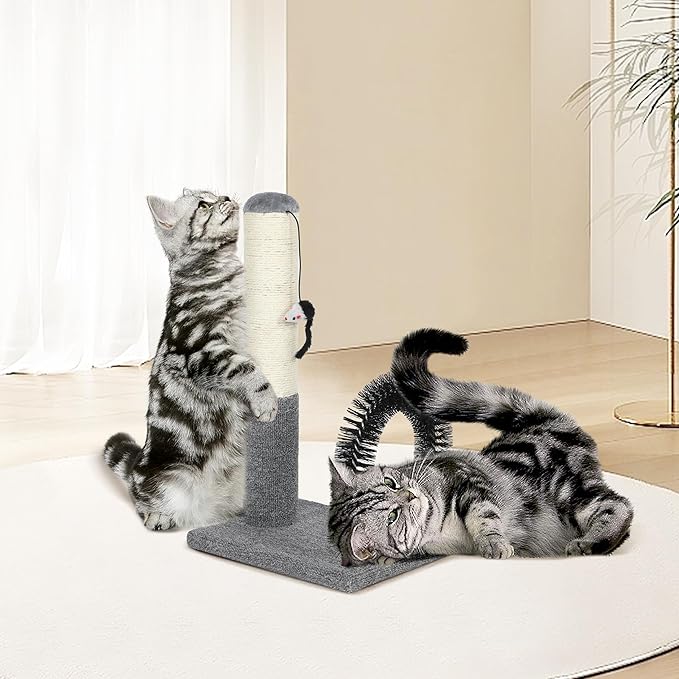 Simple Deluxe Small Cat Scratching Post with Arch Self Groomer, 18 Inches Scratching Post for Indoor Kitten to Adult Cats, Stable Sisal Post with Extra Interactive Dangling Plush Toy, Gray