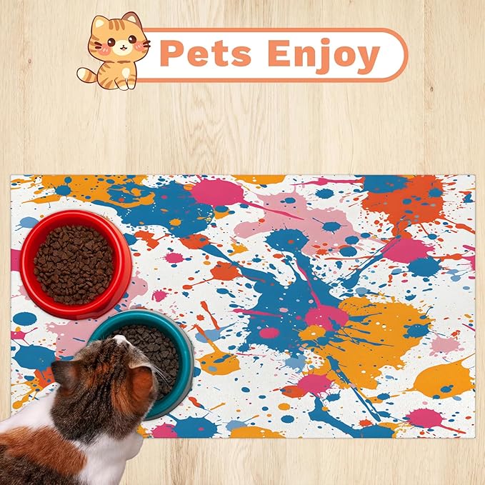 Colorful Graffiti Dog Food Mat for Floors Absorbent Dog Bowl Mat for Food and Water Dispenser Quick Dry Cat Food Placemat Pet Supplies 24" x 32", Rainbow