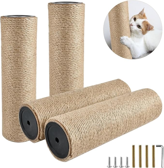 4 Pcs Cat Scratching Post Replacement, Natural Jute Pole Cat Tree Replacement Parts, Cat Scratch Pole with 8 M8 Screws and 1 Wrench for Indoor Kittens Tower (11.8 x 3.3 in)
