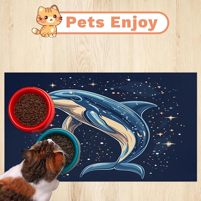 Dolphins Dog Food Mat for Floors Absorbent Dog Bowl Mat for Food and Water Dispenser Quick Dry Cat Food Placemat Pet Supplies 24" x 32", Galaxy Star