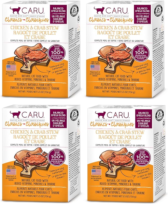 Caru - Classics Chicken & Crab Stew for Cats - Healthy Functional Wet Cat Food or Food Topper - Balanced Omega Blend - 5.5 oz Cartons - Pack of 4