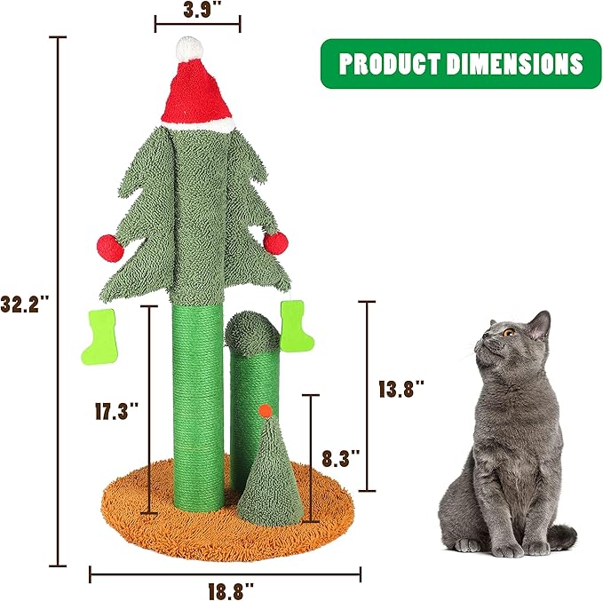 FluffyDream 32” Cat Scratching Post, Tall Christmas Tree Cat Scratcher with 3 Posts and Cute Dangling Teaser Balls, Natural Sisal Rope Cat Toys for Kitty and Adult Cats