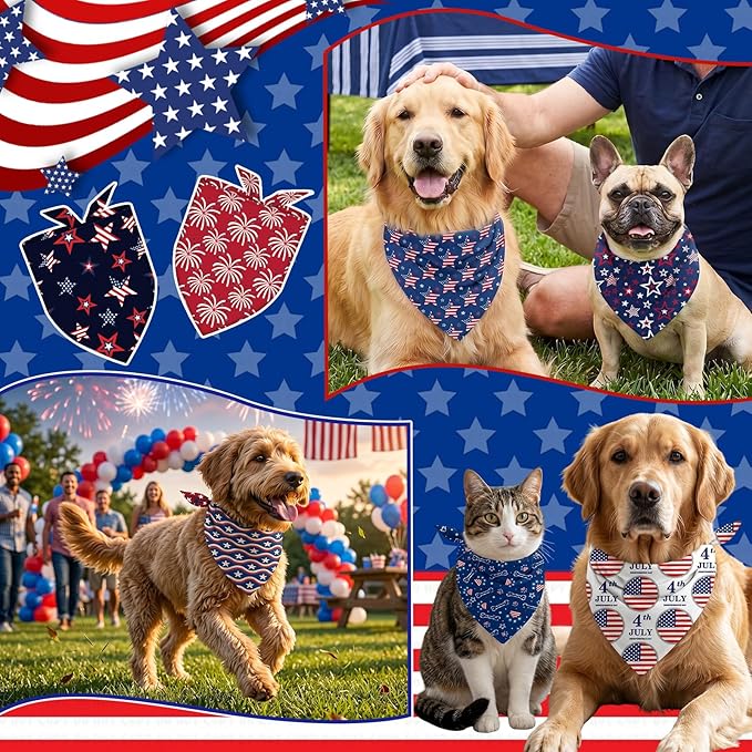 12Pcs 4th of July Dog Bandanas Bulk Independence Day Dog Bandana Adjustable Triangle Reversible Pet Accessories Patriotic American Flag Puppy Scarf for Small Medium Large Dogs Cats Memorial Day Supply