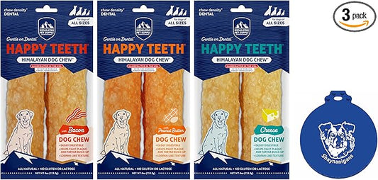 Himalayan Pet Supply Happy Teeth Dental Dog Treat in Bacon, Cheese & Peanut Butter Flavors (3 Bags Total, 2 Pieces per 4 Oz Bag) Plus Shaynanigans Silicone Lid