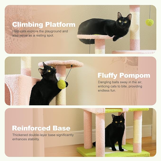 62" Flower Cat Tree for Indoor Cats, Multi-Level Tall Cat Tower with 2 Spacious Condos, Scratching Pad, 4 Cat Scratching Posts, 2 Top Perches, 2 Pompoms, Pink