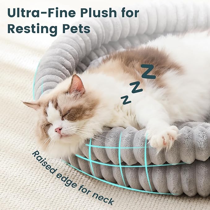Donut Pet Bed for Cats & Small Dogs, Fluffy Warm Round Bed, Machine Washable with Anti-Slip Bottom, Indoor Use, Gray, 28"x28"x5"