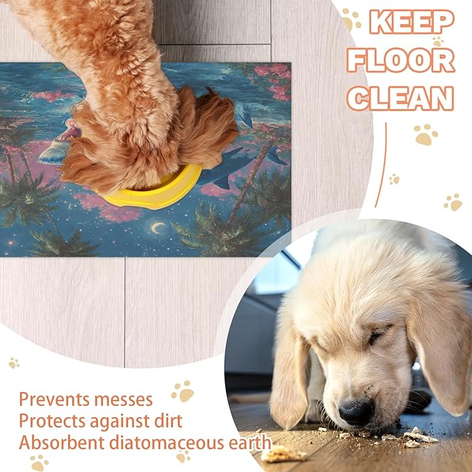 Ocean Sharks Dog Food Mat for Floors Absorbent Dog Bowl Mat for Food and Water Dispenser Quick Dry Cat Food Placemat Pet Supplies 24" x 32", Palm Tree