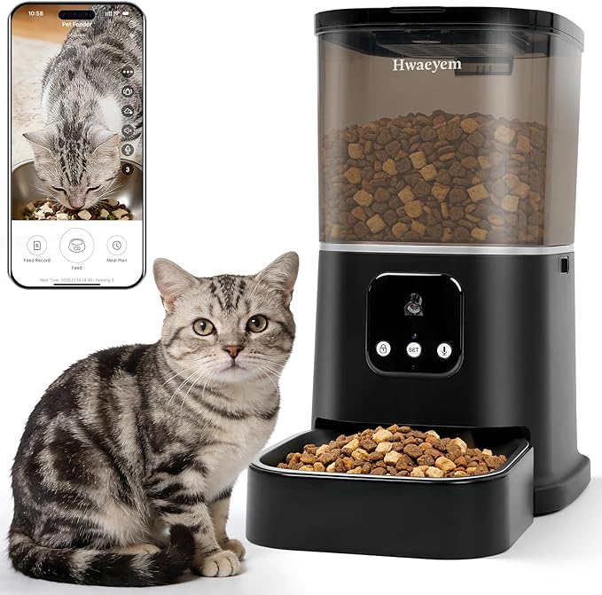 Automatic Cat Feeder with Camera, 5L/28 Cups WiFi Cat Auto Feeder with Two-Way Audio, App Control, Strong Anti-Jam System Smart Timed Cat Feeder with Night Vision for Small Pets Indoor