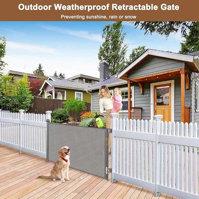 Weatherproof Outdoor Retractable Dog Gate for Deck with No Rust Stainless Steel Screws and Rods, 55" Wide Waterproof Retractable Baby Gates for Doorways, Safety Mesh Outdoor Dog Gate for Pet, Gray