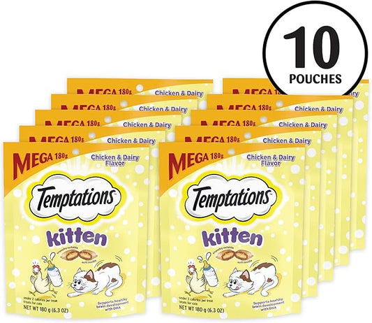 Temptations Kitten Treats Classic Crunchy and Soft Cat Treats, Chicken and Dairy Flavor, 6.3 oz. Pouch (Pack of 10)