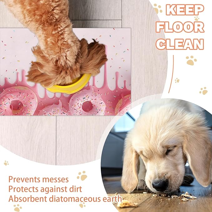 Ice Cream Dog Food Mat for Floors Absorbent Dog Bowl Mat for Food and Water Dispenser Quick Dry Cat Food Placemat Pet Supplies 24" x 32", Pink Donut