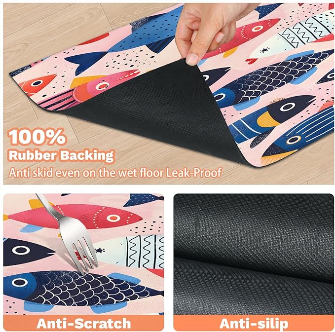 Watercolor Fish Dog Food Mat for Floors Absorbent Dog Bowl Mat for Food and Water Dispenser Quick Dry Cat Food Placemat Pet Supplies 17" x 30", Ocean