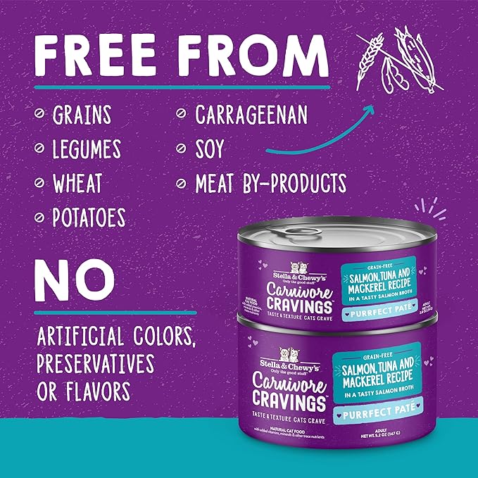 Stella & Chewy's Carnivore Cravings Purrfect Paté - Premium Grain-Free Wet Cat Food - Salmon, Tuna & Mackerel Recipe - High Protein with Bone Broth - Perfect for Picky Eaters - 2.8oz Cans (24 Pack)